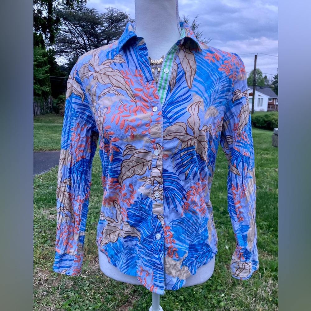 J. McLaughlin Tropical Print Button-Down Shirt in Blue & Orange Resort Luxury